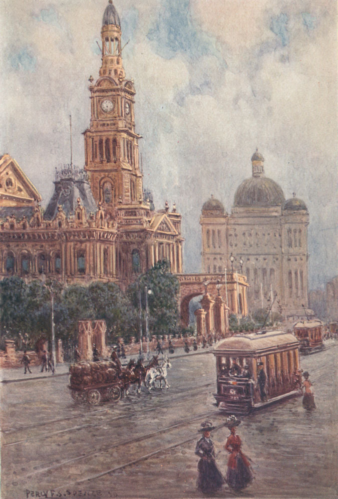 'The Town Hall, Sydney' by Percy Spence. Australia 1910 old antique print